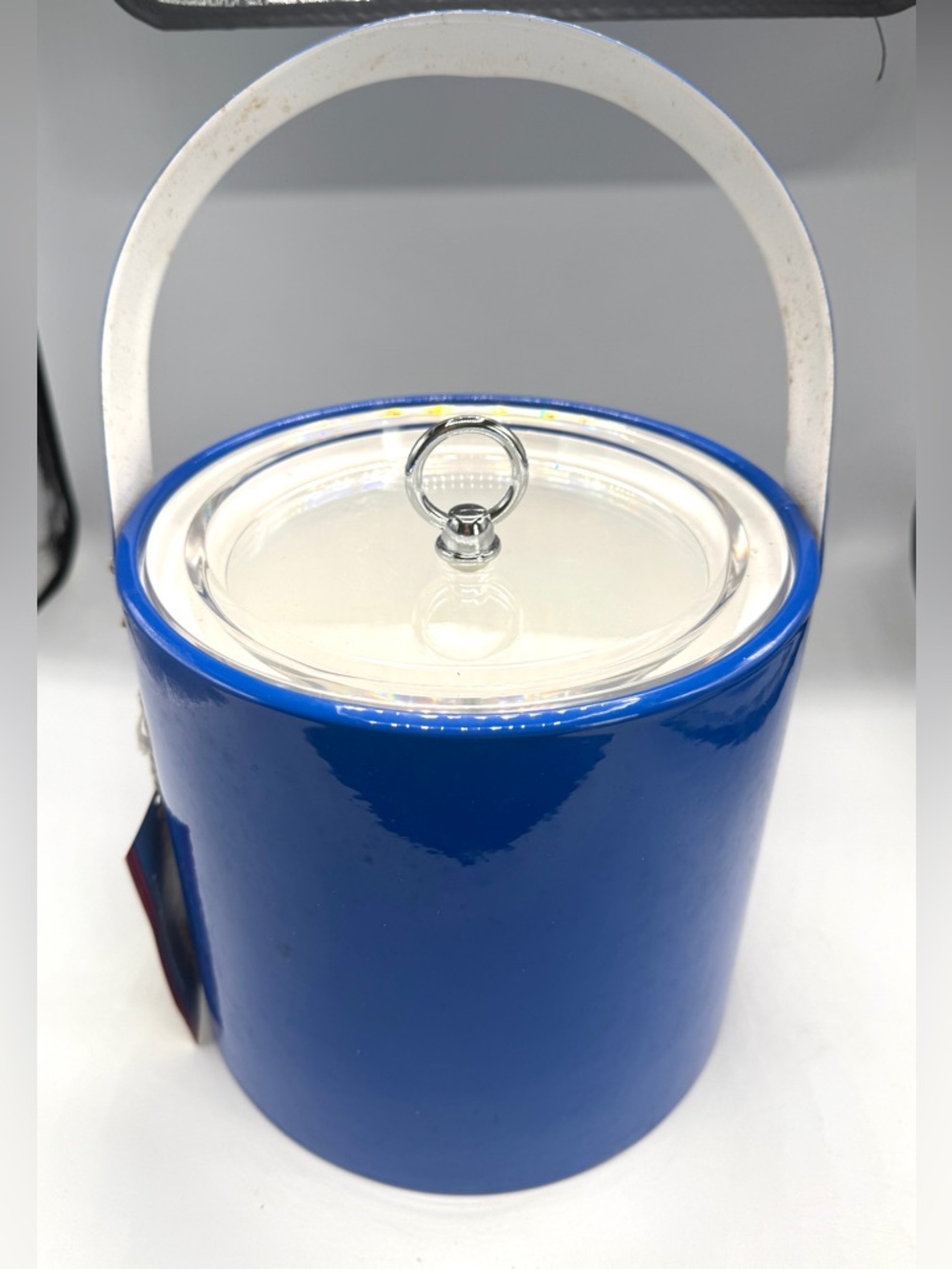 New VTG Georges Briard Blue Ice Bucket Lucite Handle & Lid MCM Retro Barware
